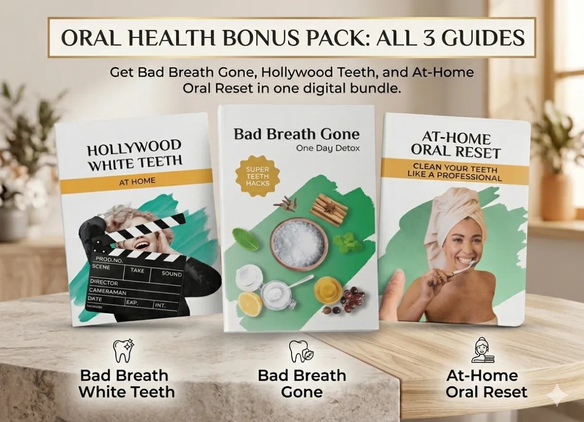 Exclusive digital bonuses including "Bad Breath Gone" and "Hollywood White Teeth At Home" included with bulk orders.